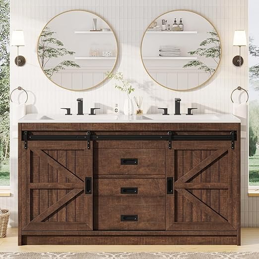 PLAUIN 61" Farmhouse Double Bathroom Vanity with Sink Combo, Dual Basin Bathroom Storage Cabinet with Sliding Barn Doors & Drawers, Brown
