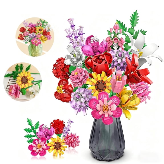PLAXSOON Flower Bouquet Building Set, 1488-Piece Botanical Collection, 18 Flower Models