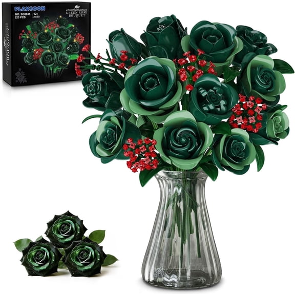 Hogokids Green Roses Bouquet Building Set with LED Lights,16 Roses & Red Gypsophila Artificial Flowers Botanical Collection Gift for Her Home & Office Decor (523Pcs)