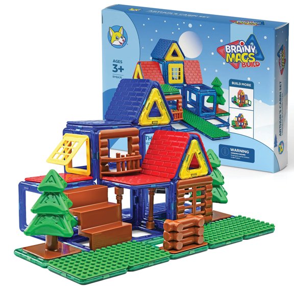 Play Brainy Arthur's Cabin Set with 76 Pc. Magnetic Building Tiles for Kids Ages 3 and Up