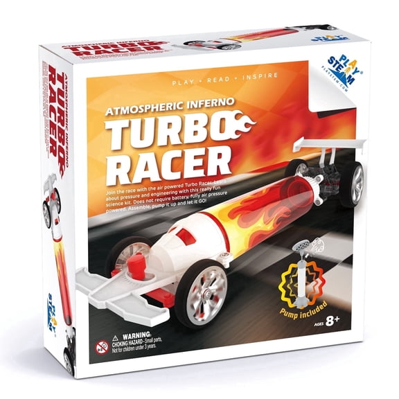 PLAYSTEM Turbo Racer Air Powered Car Toy with Pump, STEM Educational Race Car Kit for Kids Ages 8-12, Red Flame Design, No Batteries Required
