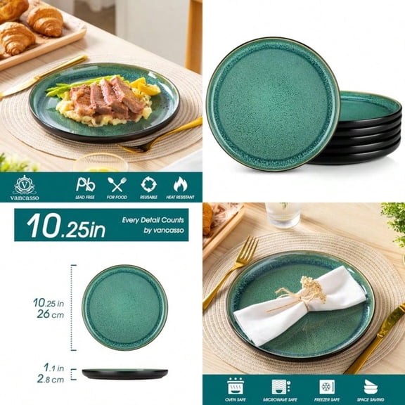 PLAYA Dinner Plates Set of 6 10.25 Inch - Ceramic Stoneware Plates Microwave Oven Safe Trendy Green Tableware for Modern Dining Durable Dishwasher Safe Design