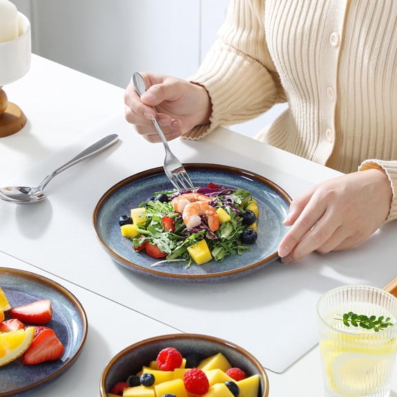 PLAYA Plates and Bowls Sets, 12 Pieces Grey-Blue Dinnerware Sets for Kitchen, Reactive Glaze Dishes Set for 4, Dishwasher and Microwave Safe