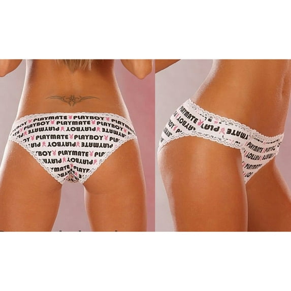 PLAYBOY Bunny Playmate Lace Trim BoyLeg Hipster Underwear, White, M