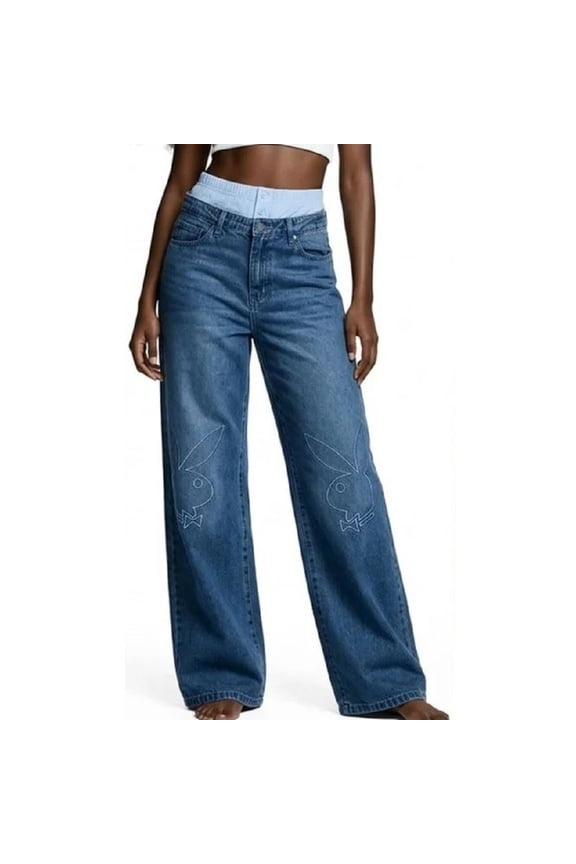 PLAYBOY Mid-Blue Wide-Leg Jeans with Embroidered Bunny 5