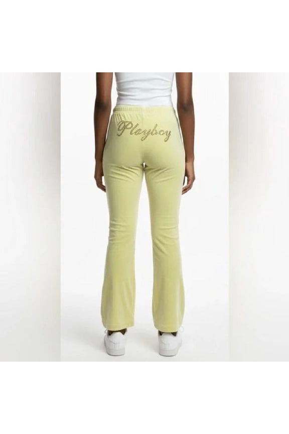PLAYBOY Pale Yellow Flared Track Pants velur bottom only XS