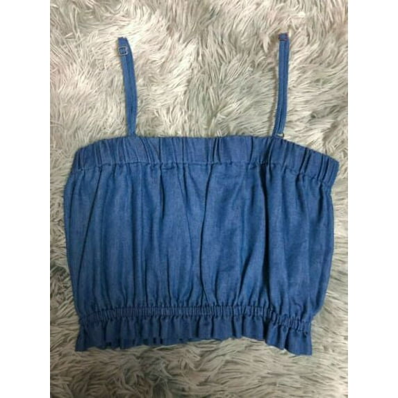 PLAYDRESS Denim scrunch flutter Tank Bra Bralette Crop Top Spaghetti Sexy Small NEW with tags