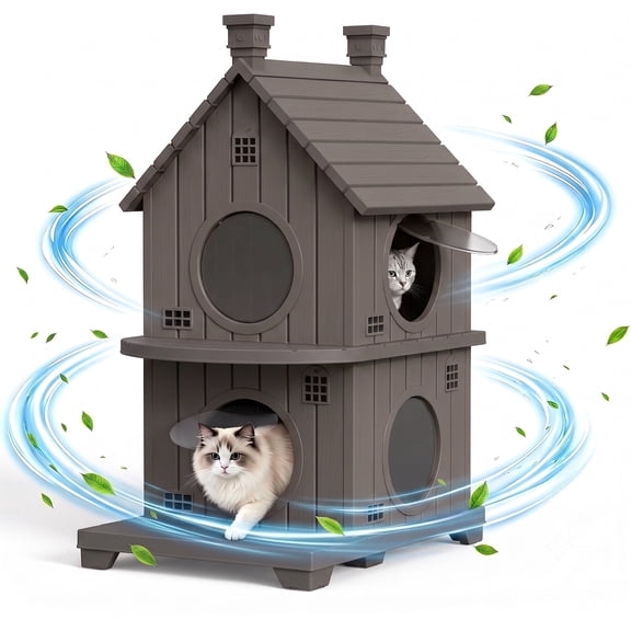 PLAYRANK 2-Tier All Weather Plastic Cat House with 4 Round Doors, Elevated Waterproof Double Layer Pet Cottage, Indoor Outdoor Weather Resistant Shelter for Multiple Cats,Blue/Gray.