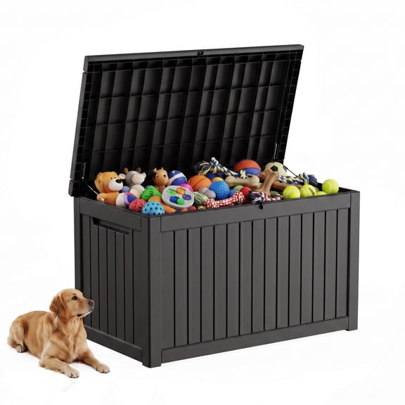 PLAYRANK 230 Gallon Large Resin Deck Box, Weather‑Resistant Outdoor Storage Box with Lockable Lid, Waterproof Patio Storage Bin for Dog Toys, Cushions, Garden Tools, Pool Supplies, Black/Gray.