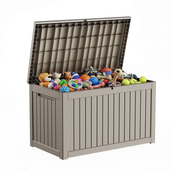 PLAYRANK 230 Gallon Large Resin Deck Box, Weather‑Resistant Outdoor Storage Box with Lockable Lid, Waterproof Patio Storage Bin for Dog Toys, Cushions, Garden Tools, Pool Supplies, Black/Gray.