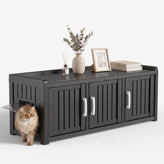 PLAYRANK 3-compartment cat cabinet, multi-cat partitioned cat house and side table; indoor concealed cat cage, multi-functional pet storage cabinet, suitable for living room decoration,Black.