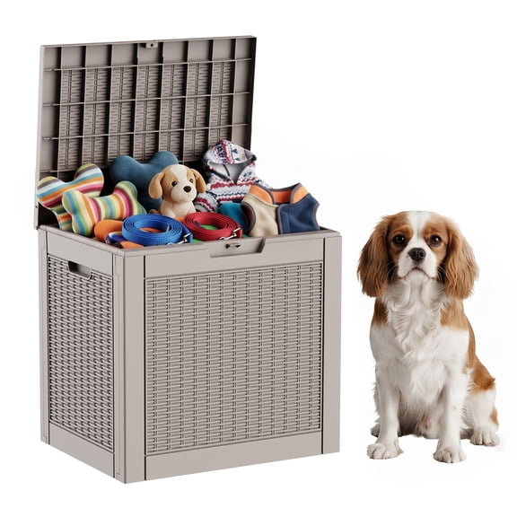 PLAYRANK 30 Gallon Rattan Pattern Deck Box, Waterproof Resin Outdoor & Pet Toy Storage Container, Lockable Patio Storage Bin
