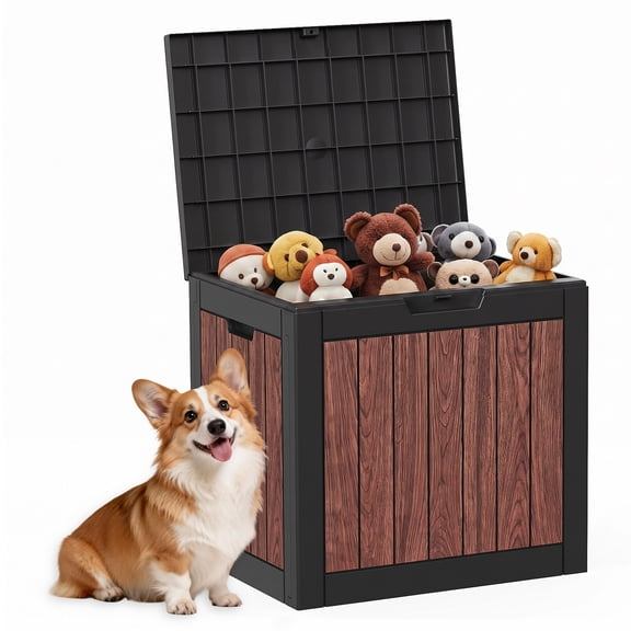 PLAYRANK 30 Gallon Resin Deck Box, Walnut Wood‑Look Weatherproof Outdoor Storage Container, Lockable Lid for Patio Cushions, Pet Toys & Garden Tools, 1/2/3‑Pack Available.