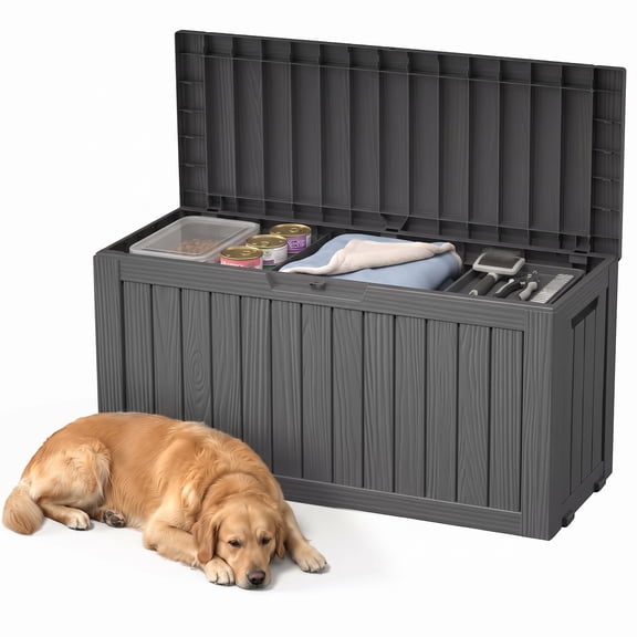 PLAYRANK 75 Gallon Resin Outdoor Deck Box, Weatherproof Lockable Patio Storage Chest, Waterproof Storage Bench for Pet Supplies, Garden Tools & Patio Cushions, Gray/Black.