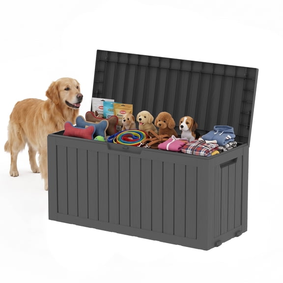 PLAYRANK 75Gallon Resin Deck Storage Box, Waterproof Lockable Outdoor Patio Storage Bin for Dog Toys, Pet Food & Pet Supplies, Weather‑Resistant Wood Grain Design with Wheels