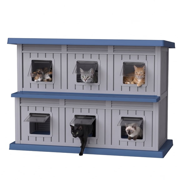 PLAYRANK Double Layer Weather Resistant Feral Cat House, Outdoor Insulated Multi Compartment Stray Cat Shelter with Sun Terrace & Ventilation Windows,Blue