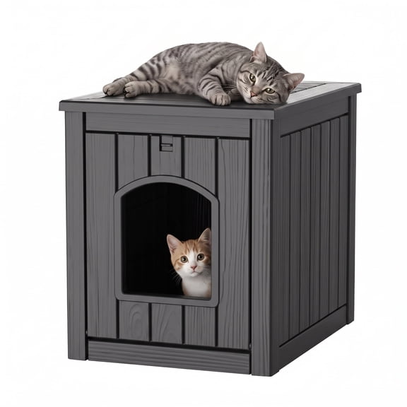 PLAYRANK Indoor Outdoor Plastic Cat Kennel with Flat Load-Bearing Top, Multi-Purpose Pet House Can Be Used as Patio Storage Side Table for Small Pets