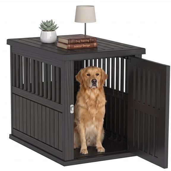 PLAYRANK Large Dog Crate, Weather Resistant Ventilated Kennel with Lockable Door, Waterproof for Indoor & Outdoor Use, Black/Gray.