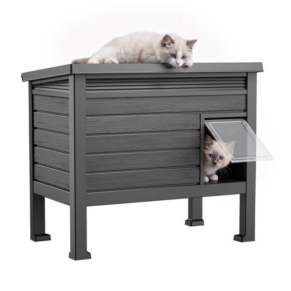 PLAYRANK Raised Base Weather Resistant Feral Cat Shelter, Single Compartment Outdoor Stray Cat House for Backyard Patio Use,Black.