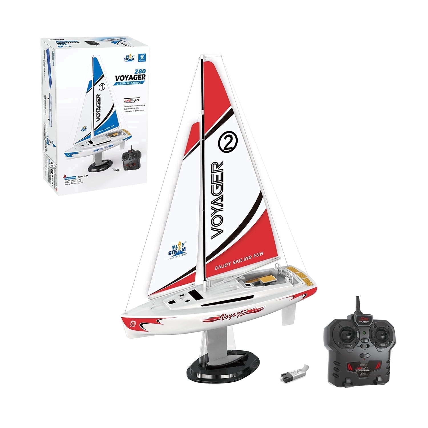 PLAYSTEAM Voyager 280 STEM Science 2.4GHz RC Sailboat Wind Powered Model with Adjustable Sail and Rudder for Learning Wind Direction,Red