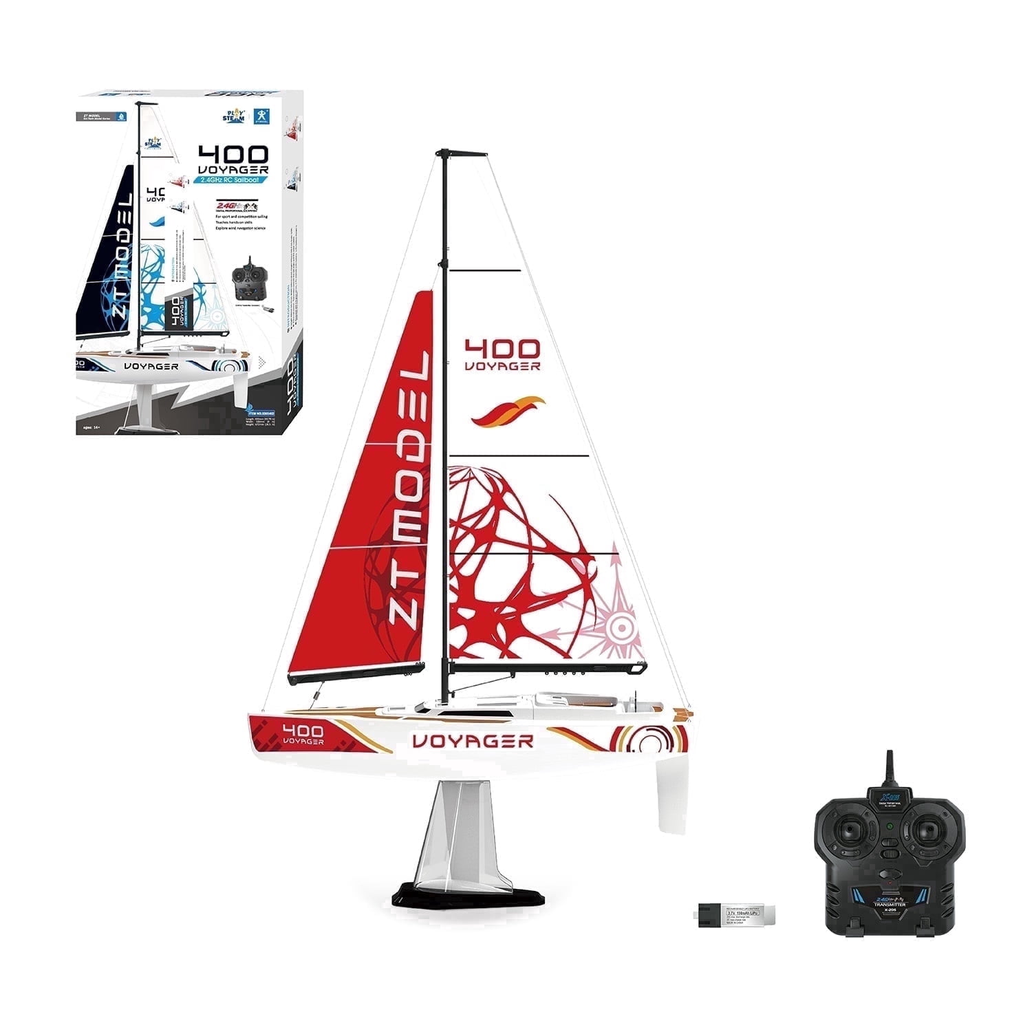 PLAYSTEAM Voyager 400 2.4GHz RC Sailboat, Wind-Powered Remote Control Model Boat, STEM Educational Water Toy with Adjustable Sail & Rudder for Pool & Lake, Red