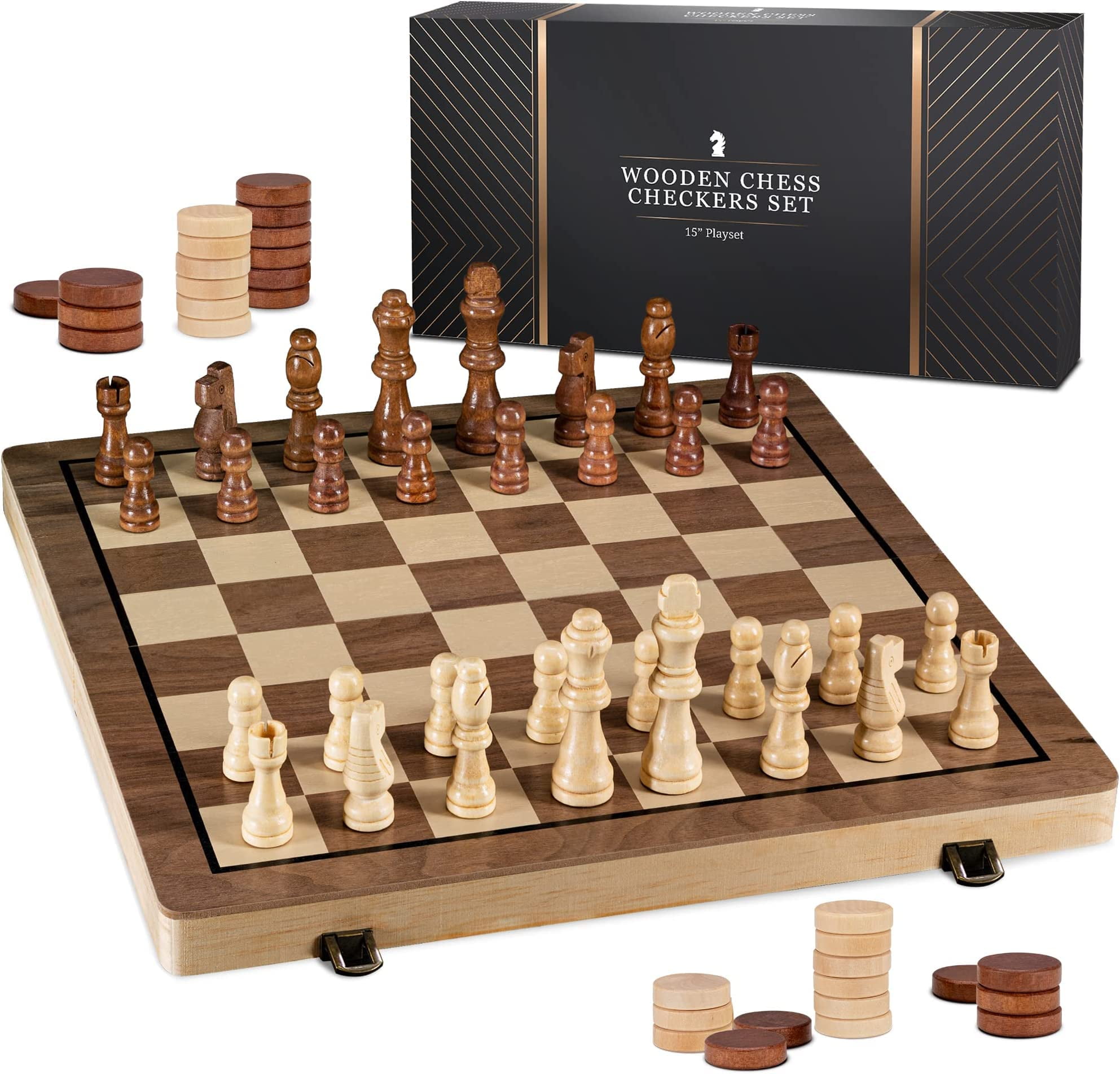 PLAYVIBE Wooden Chess Set- Chess Board with 2 Extra Queens Chess and Checkers Set - Chess Sets for Family - Travel Chess Set Classic Checkers Board Game