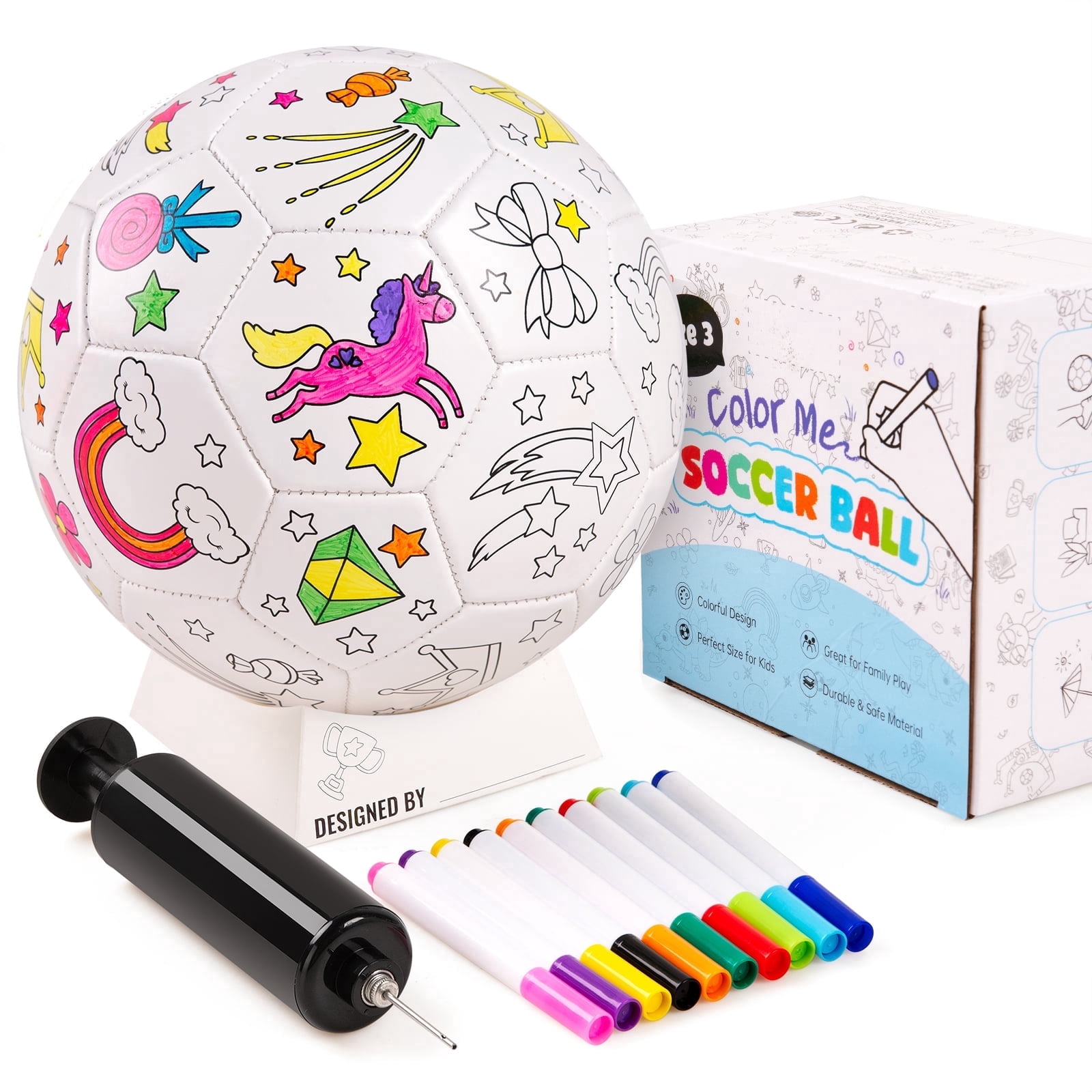 PLAYZAP Color Your Own Soccer Ball Size 3 with Markers & Pump, Soccer Gifts for Girls Boys, Crafts for Kids Ages 4-8, Kids Soccer Toys - Birthday Gift Sports Toy for Toddlers - Unicorn