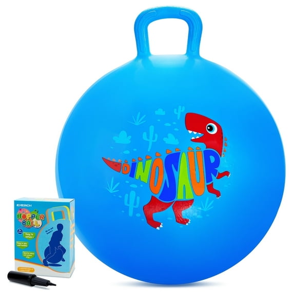 PLAYZAP Hopper Ball, Bouncy Ball with Handle for Kids, 18-inch Hippity Hoppity Hop Bounce Ball Toys, Sit and Bouncing Ball with Pump, Boys Girls Jumping Hopping Ball Gifts - Blue Dinosaur