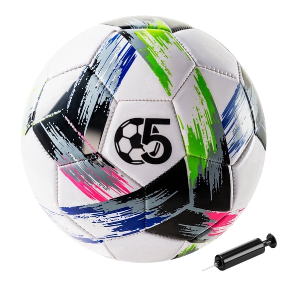 PLAYZAP Soccer Ball Size 5 with Pump Deflated, Vibrant Multicolor Design, Bright Tri-Color Indoor/Outdoor Training Sports Ball, Official Size - Ideal Soccer Gift for Kids, Youth & Adults
