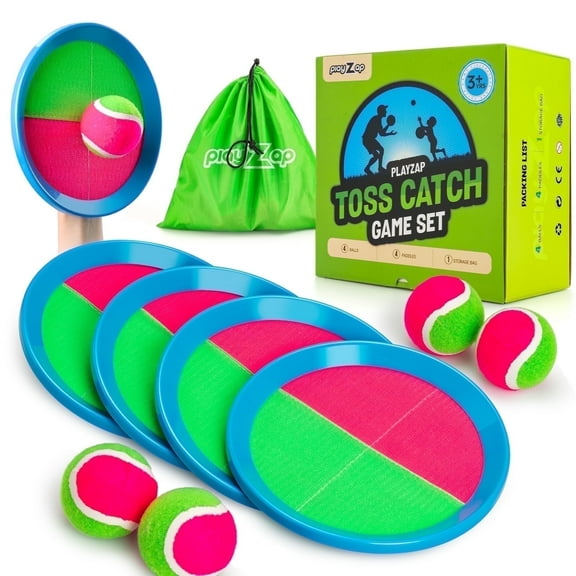 PLAYZAP Toss and Catch Ball Set - Outdoor Toys for Kids ages 3 4-8, Beach Toys Outside Yard Pool Lawn Games, Gifts for Boys Girls Adults Family - 4 Paddles 4 Sticky Balls(Upgraded)
