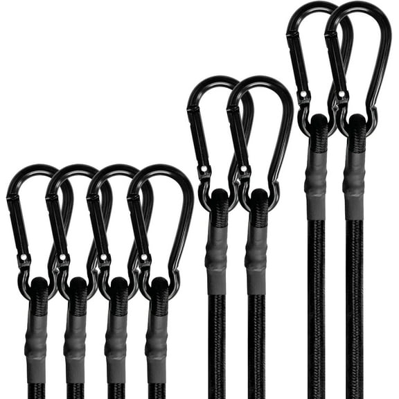 PLAZA Bungee Cords with Carabiner Hooks Heavy Duty, Outdoor Black Bungee Straps, Strong Industrial Grade Elastic Bungee Rope for Securing Tarps, Luggage, Tents,Bikes, 12in + 24in + 48in,8pcs
