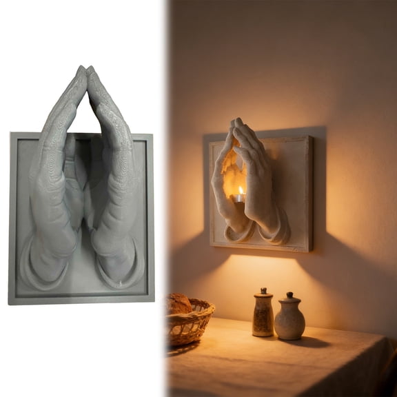 PLC Praying Hands Candle Holder Sculpture, 3D Hand Statue Tealight Candlestick, Wall Mount Tabletop Decorative Candelabra, Figurine Ornament, Home Altar And Spiritual Room Decoration