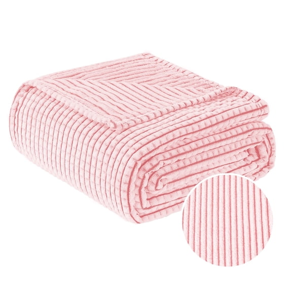 PLEASANT BOULEVARD | Fuzzy Throw Blanket Double-Sided Design Checkered Striped Waffe Lightweight Fleece Blankets for Bed and Couch Décor – Cozy, Soft, Cute for Women, Throw (50" x 60") Pink
