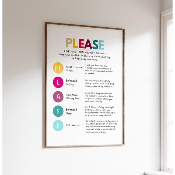 PLEASE Skills DBT Poster Emotional Regulation Chart, Unframed Paper Poster 8x10in
