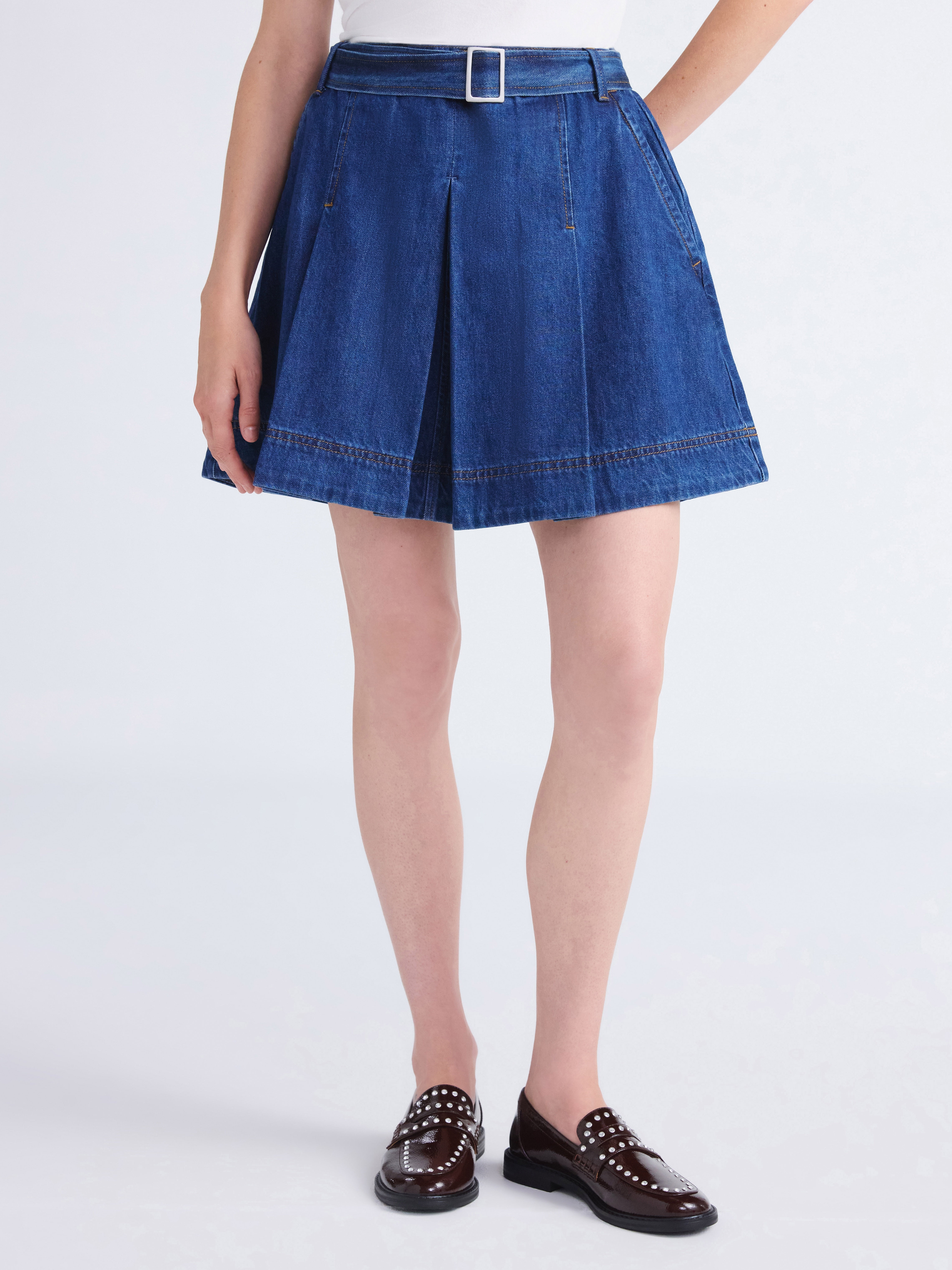 Free Assembly Women's Pleated Denim Mini Skirt with Belt, Sizes 0-20