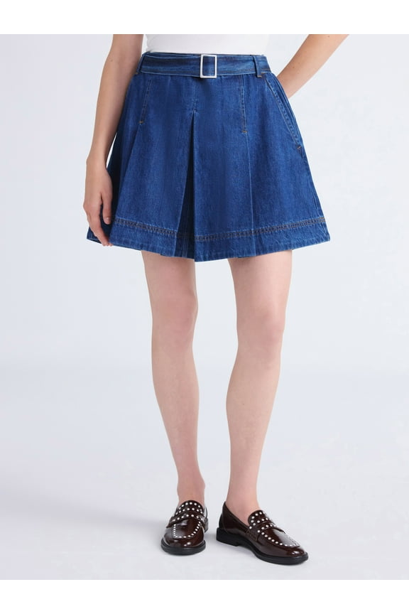 Women's Pleated Denim Mini Skirt with Belt, Sizes 0-20
