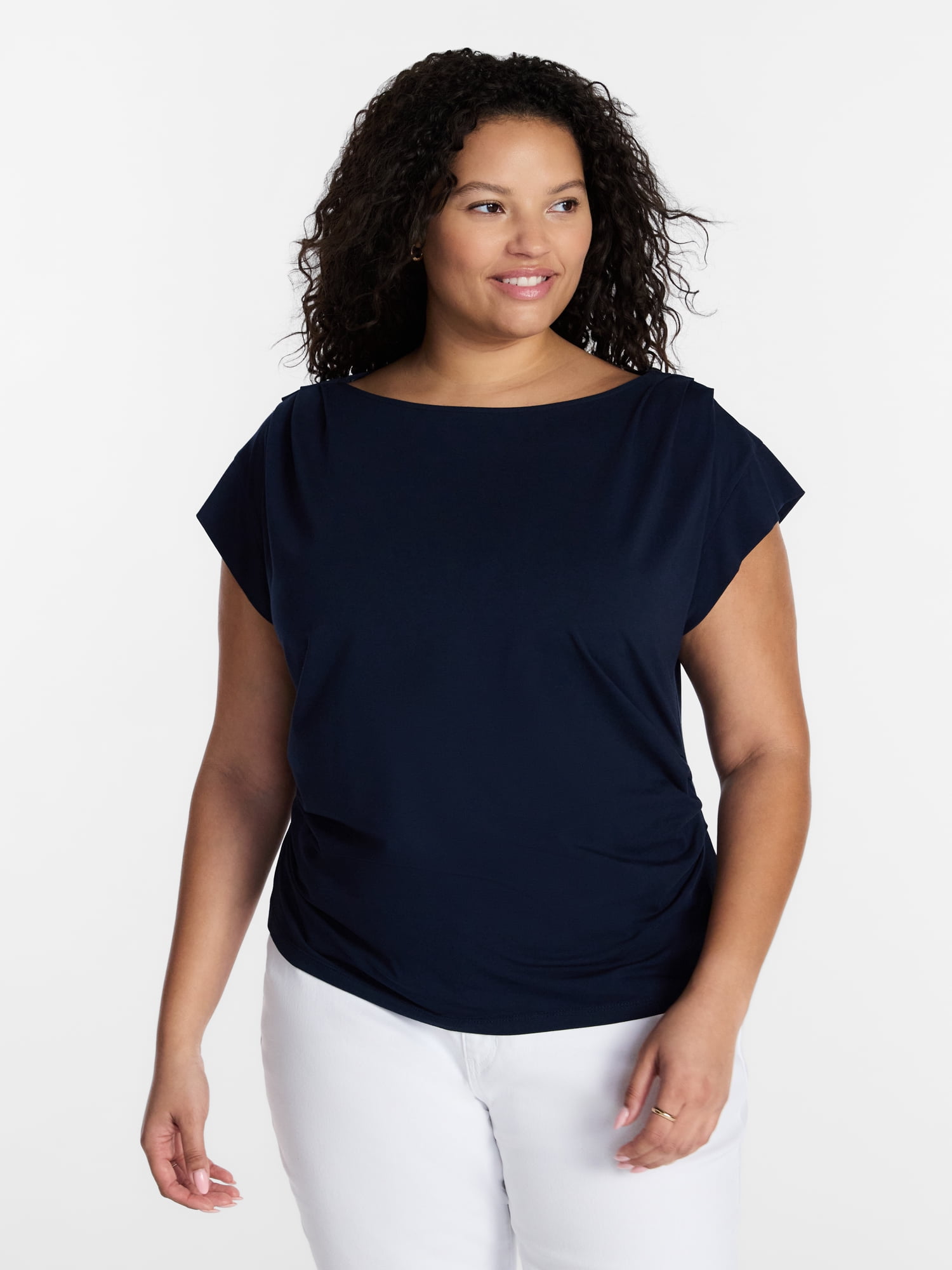 Terra & Sky Women’s Plus Pleated Shoulder Top with Short Sleeves, Size 0X-5X