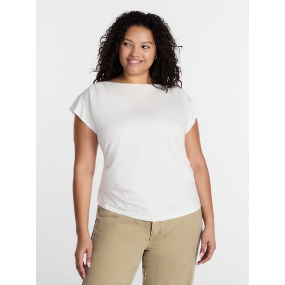 Terra & Sky Women’s Plus Pleated Shoulder Top with Short Sleeve, Size 0X-5X