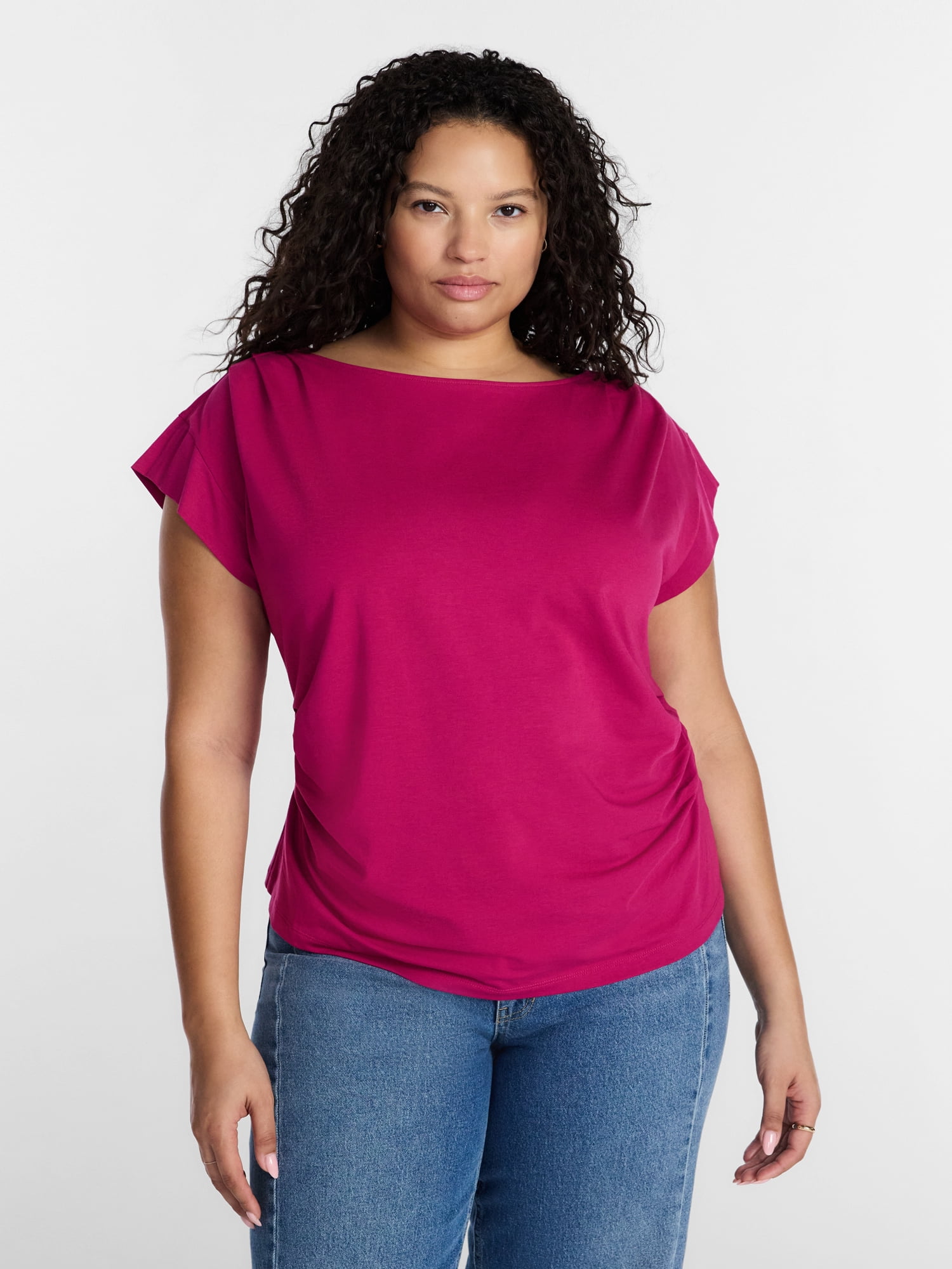 Terra & Sky Women’s Plus Pleated Shoulder Top with Short Sleeve, Size 0X-5X