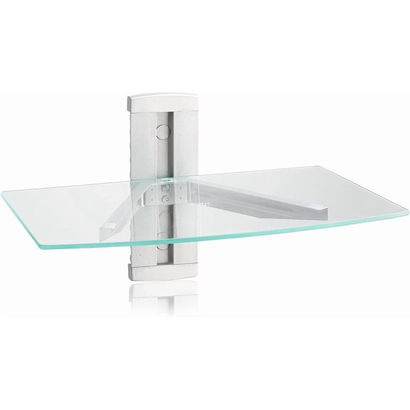 PLERISE 1-Tier Glass Floating Shelf, TV Wall Mount with Shelf for DVD Player PS4 Cable Box Game Consoles, Media Storage Rack, Silver