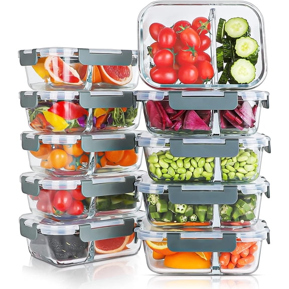 PLERISE 10-Pack 30oz Glass Meal Prep Containers with 2 Compartments, Airtight Bento Boxes for Lunch, Microwave Oven Freezer and Dishwasher Safe