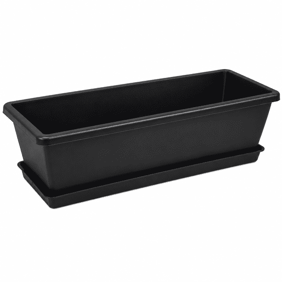 PLERISE 10 Pack Window Box Planter Set, 16.6 Inch Rectangular Plastic Flower Pots with Attached Saucers and Water Inlets, Black, for Indoor Outdoor Plants