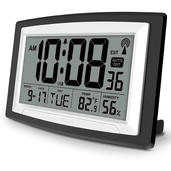 PLERISE 12.5 Inch Atomic Digital Wall Clock – Self-Setting with Indoor Temperature & Humidity, Large Display for Seniors, Battery Operated, Auto DST