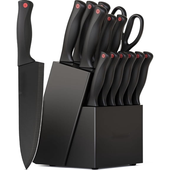 PLERISE 15-Piece Kitchen Knife Set with Block & Built-in Sharpener, German Stainless Steel Knives, Dishwasher Safe, Complete Utensil Set for Home Chefs