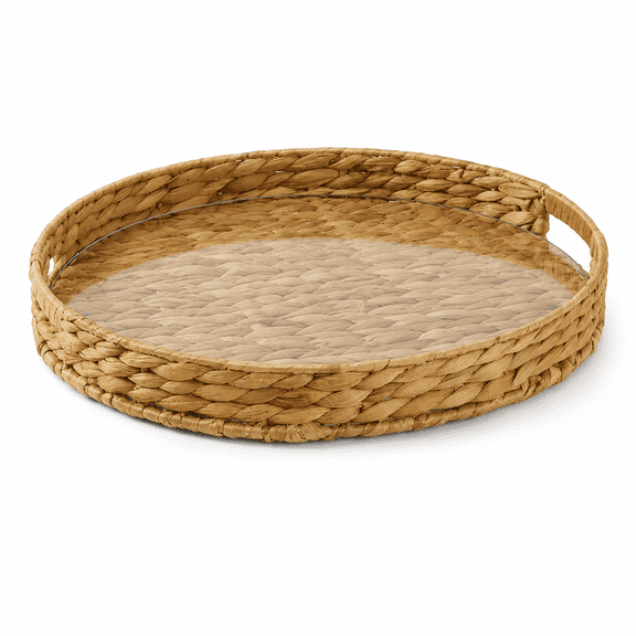 PLERISE 16-Inch Natural Water Hyacinth Decorative Tray, Round Woven Farmhouse Tray with Removable Clear Acrylic Insert for Coffee Table, Dining Table, Kitchen Island, 1 Count