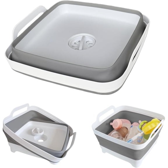 PLERISE  2.4 Gallon Collapsible Wash Basin with Drain Plug – Foldable Kitchen Sink for Baby Bottles, RV Camping, and Space-Saving Dish Tub (Gray)