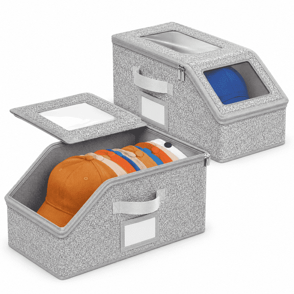 PLERISE 2 Pcs Stackable Baseball Cap Storage Boxes, Holds up to 24 Hats, Sturdy Snapback Organizer with Cardboard Base for Closet, Grey