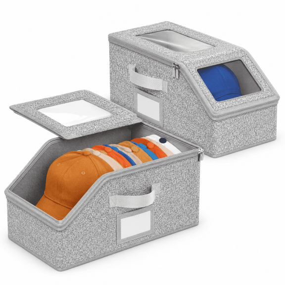PLERISE 2 Pcs Stackable Hat Storage for Baseball Caps, Holds up to 24 Caps Hat Organizer for Closet, Sturdy Snapback Boxes for Men with Cardboard, Grey