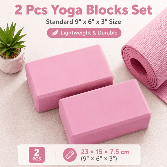 PLERISE 2-Pack EVA Yoga Blocks 9x6x3 Inch Non-Slip Lightweight for Pilates & Beginners