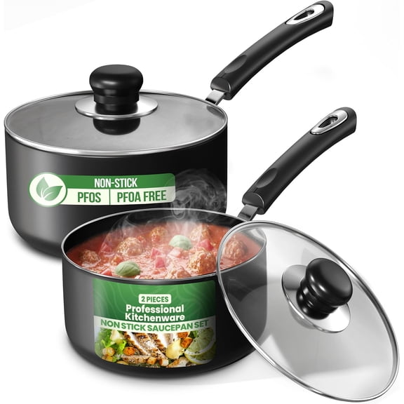 PLERISE 2-Pack Nonstick Saucepan Set with Lids, 1QT and 2QT Small Cooking Pots for Heating Sauces, Soups and Grains, Grey and Black